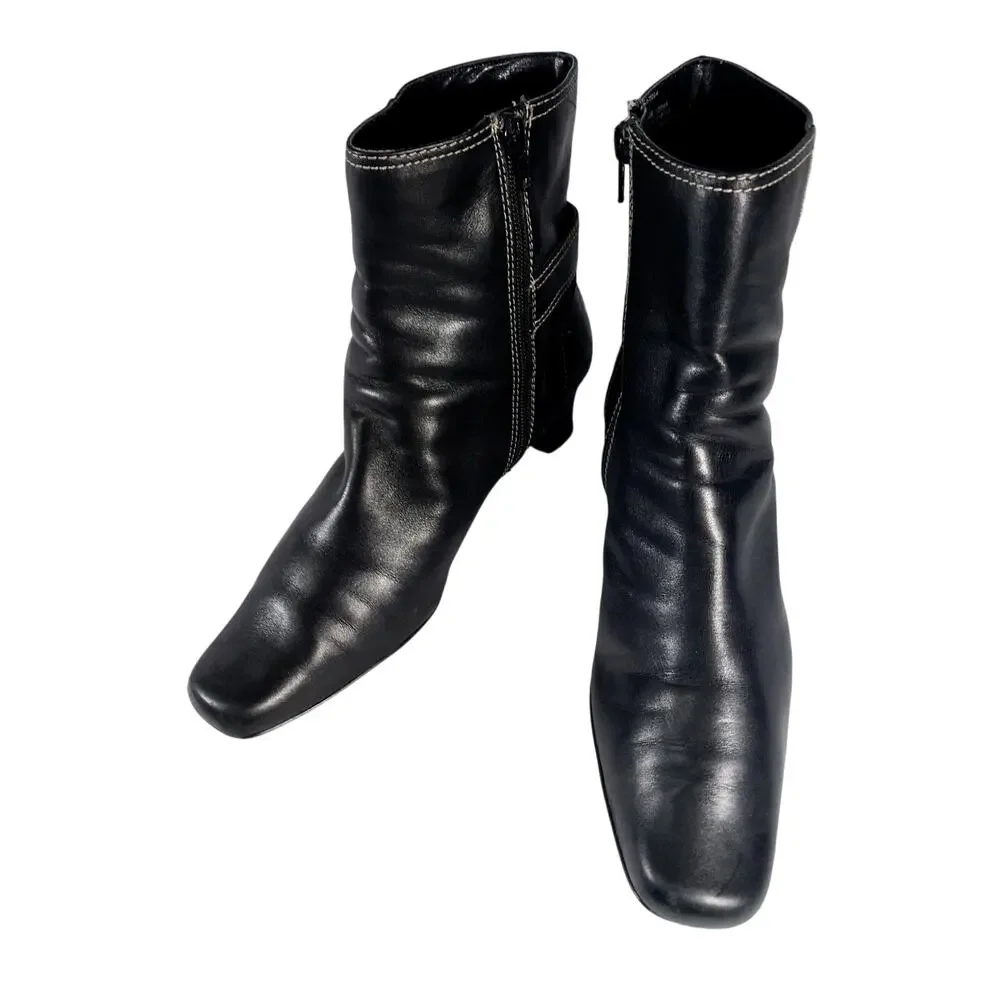 CHADWICKS! BLACK GENUINE LEATHER MODIFIED SQUARE TOE, BUCKLE, ZIP BOOTS! SZ 8M